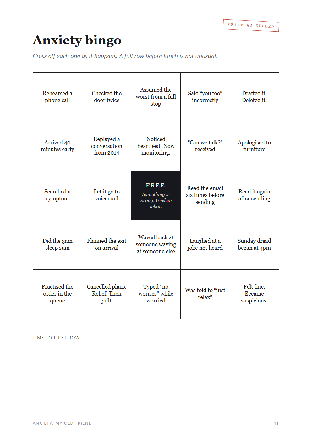 Anxiety bingo card