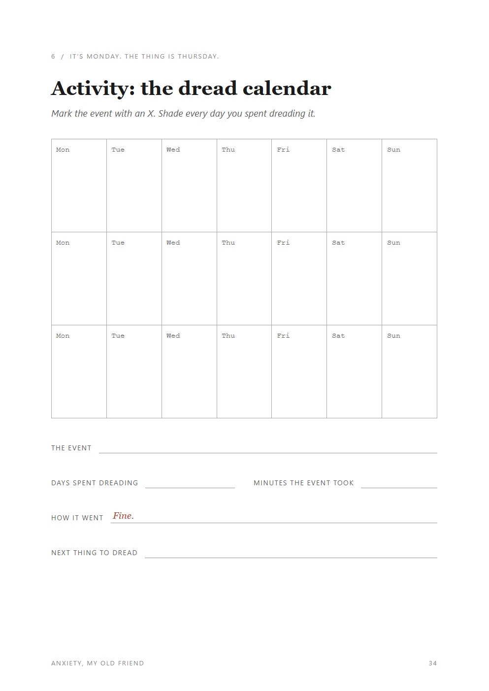 The dread calendar activity page